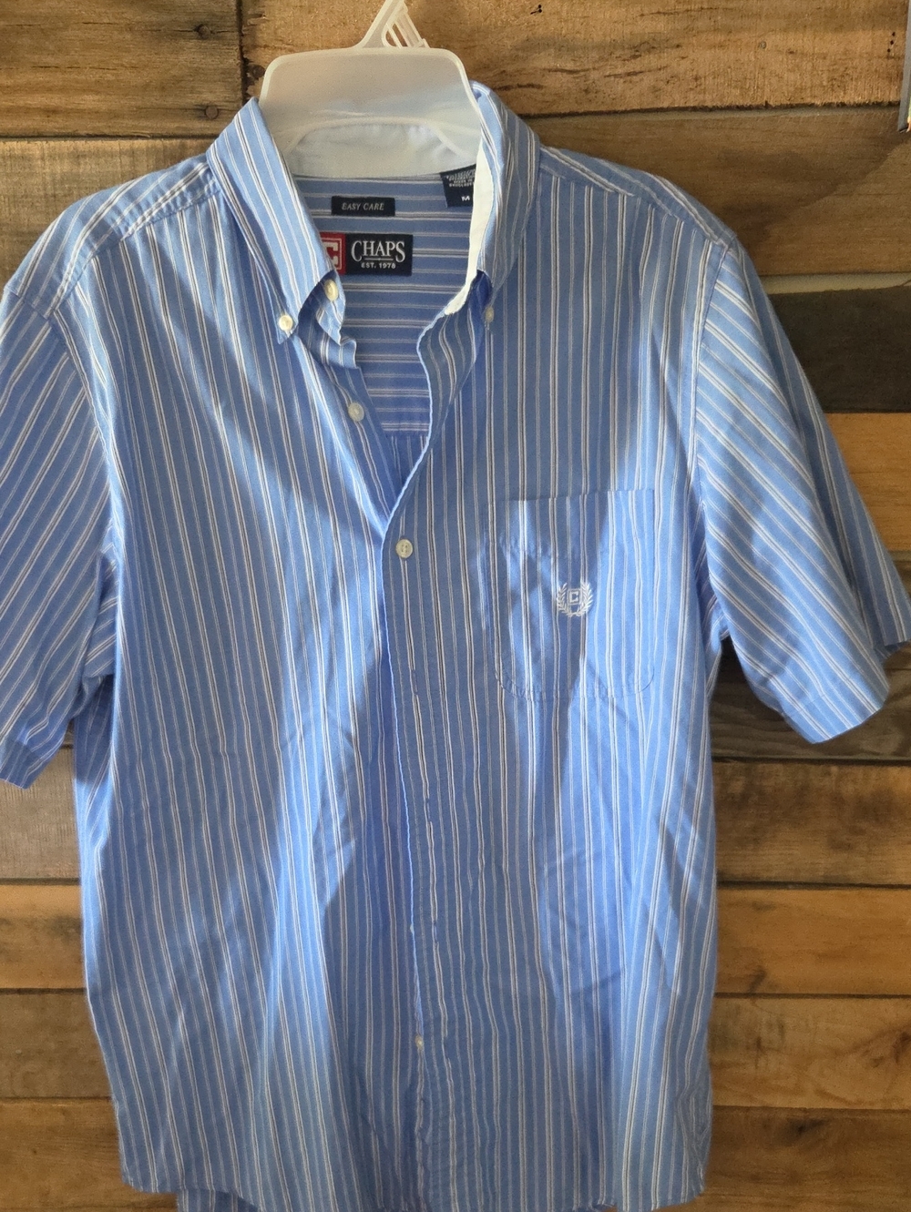 Chaps Men’s Light Blue and White Vertical Stripe Short Sleeve Button-Down Shirt